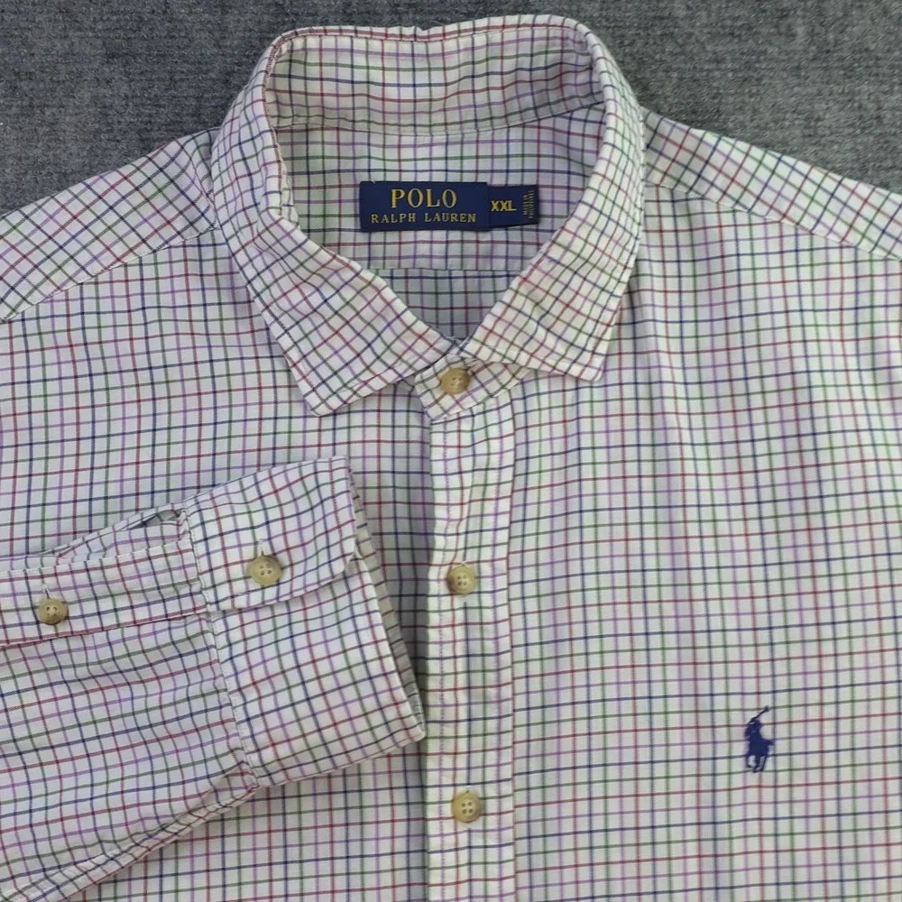 Polo Ralph Lauren Shirt 2XL White Multicolor‎ Check Long Sleeve Button Up Pony